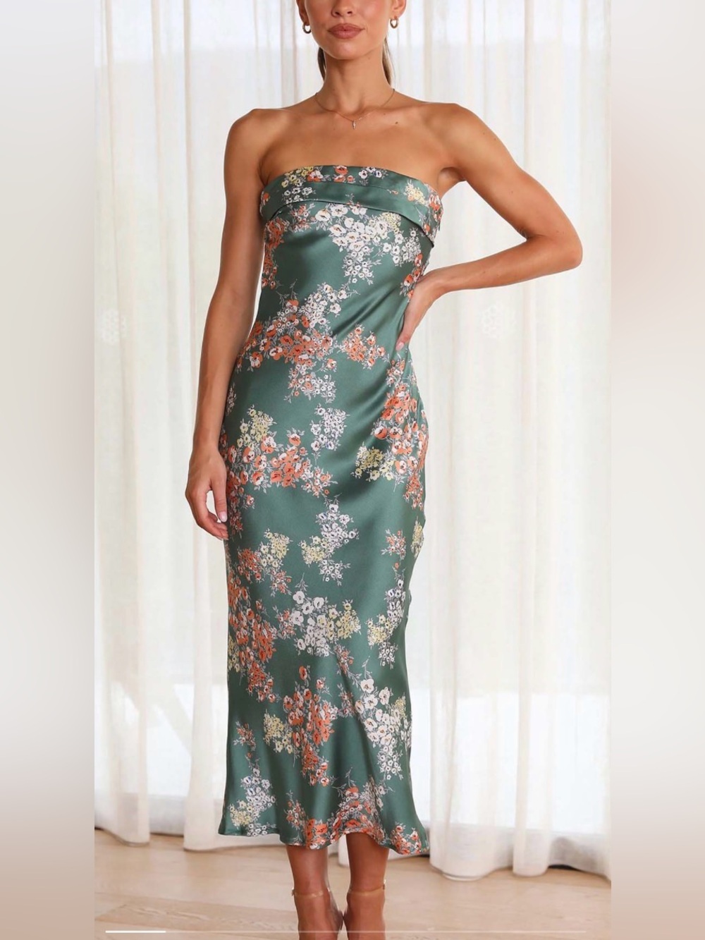 Green Floral Strapless Dress with Orange, Yellow, & White Blooms